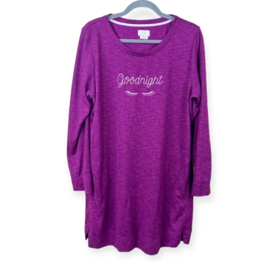 Kate Spade Goodnight Sleep Shirt Long  Sleeve Pockets Brushed Knit XL Purple